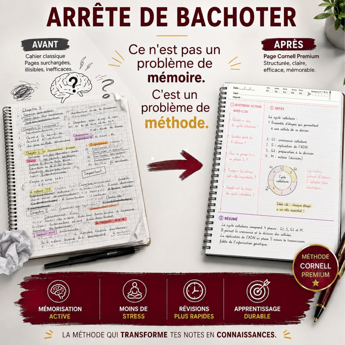 Une page de cahier classique à côté d'une page Cornell Premium